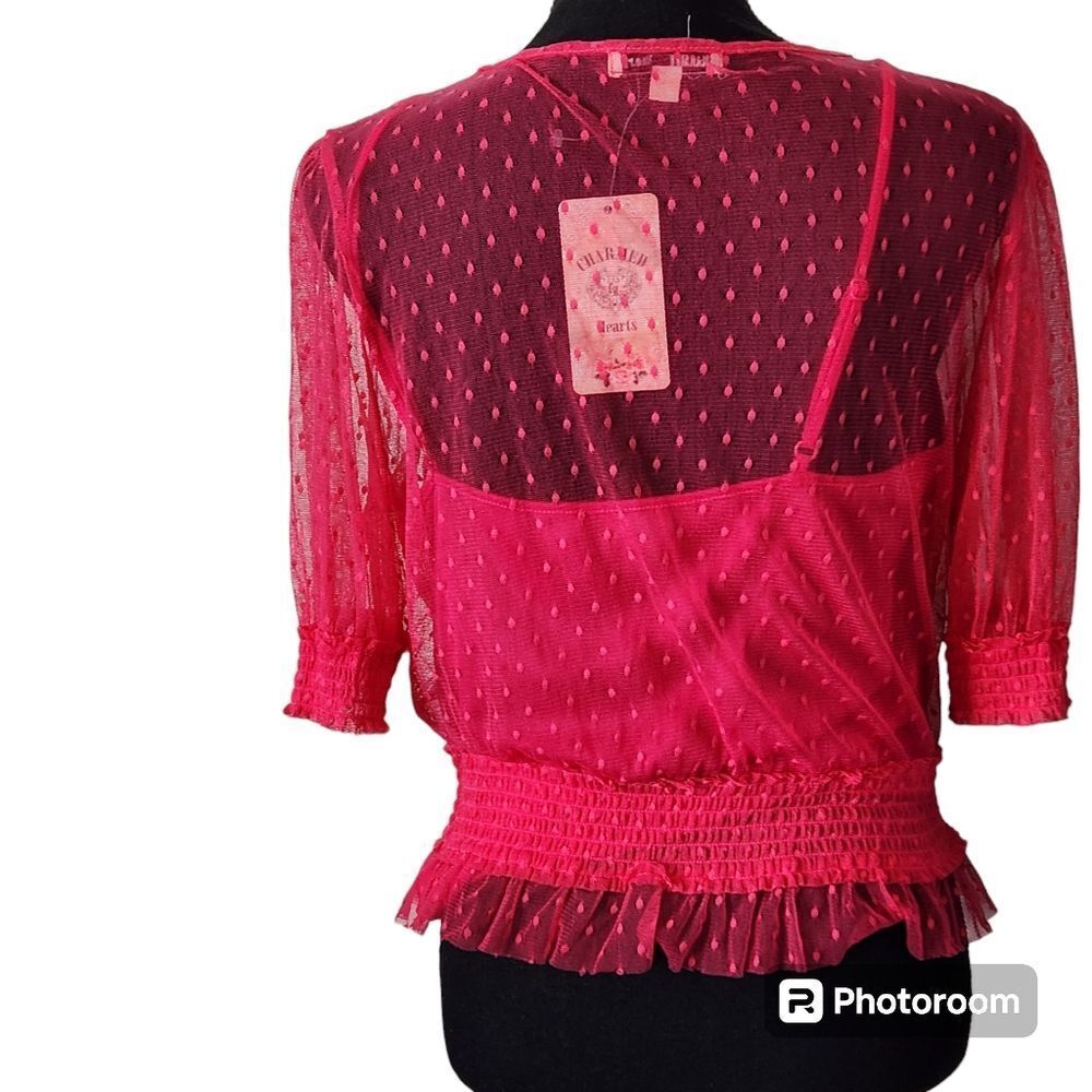 Semi Sheer Polka-Dot Tulle Blouse/Tank HOT PINK Feminine Romantic 90s Y2K - Picture 3 of 10
